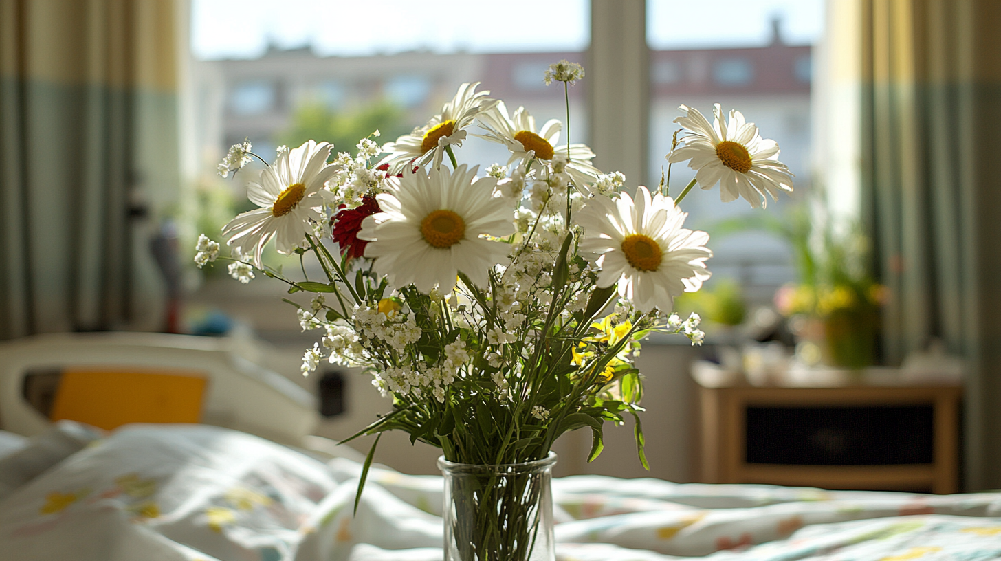 Bouquet of white daisies in a clear glass vase on a hospital bedside table with soft sunlight filtering through the window.