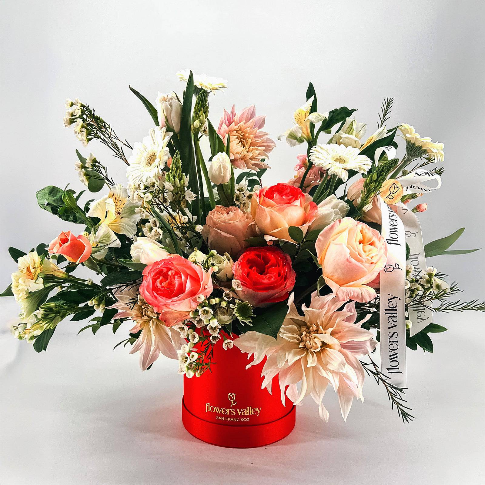 lily bloom flower shop Luminous Bloom Box – Peach Rose & Lily Floral Hatbox – Flowers Valley Shop