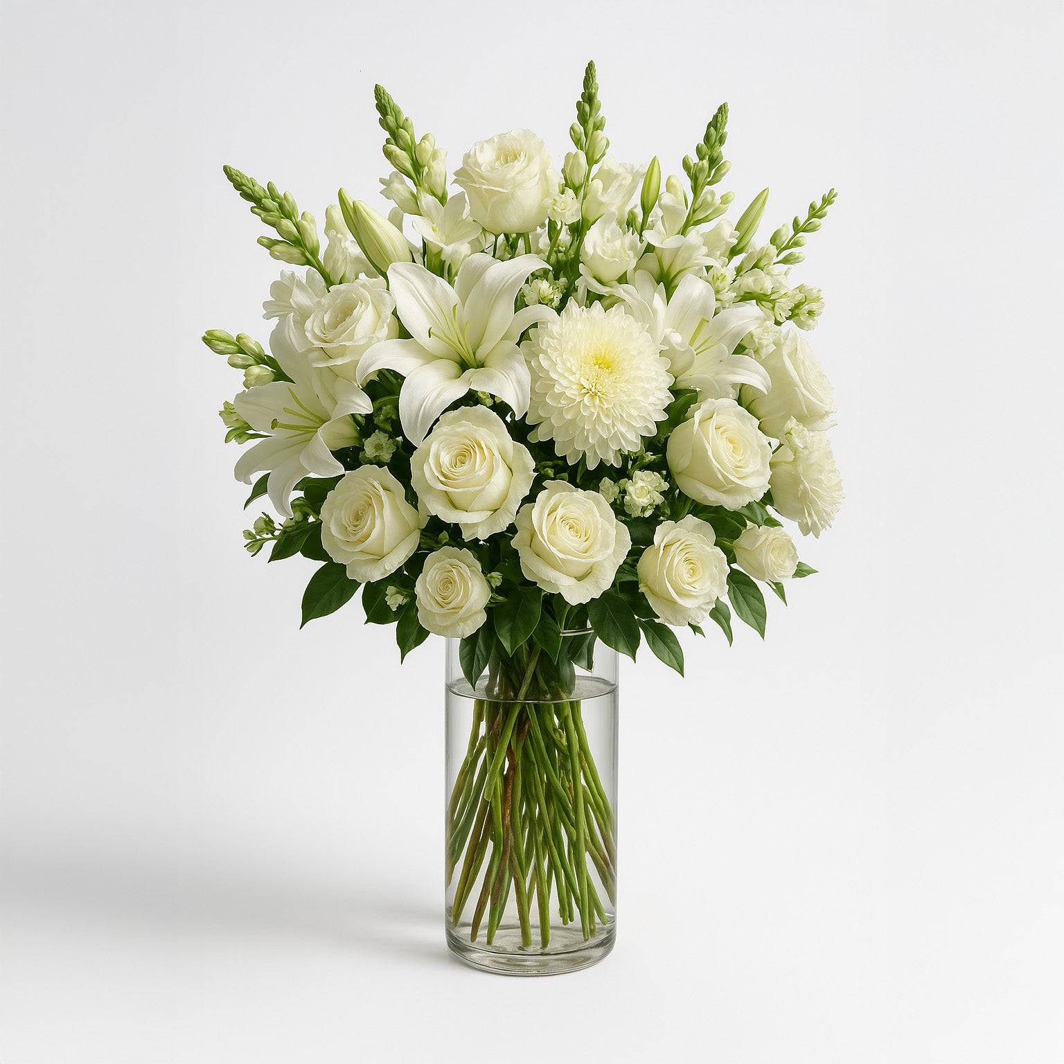 white roses and lilies arrangements Classic White Sympathy Vase Arrangement