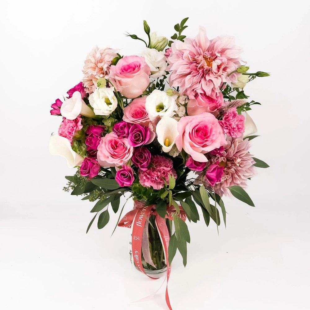 Pink Reverie Bouquet with pink roses, dahlias, carnations, and white calla lilies – Flowers Valley San Francisco delivery