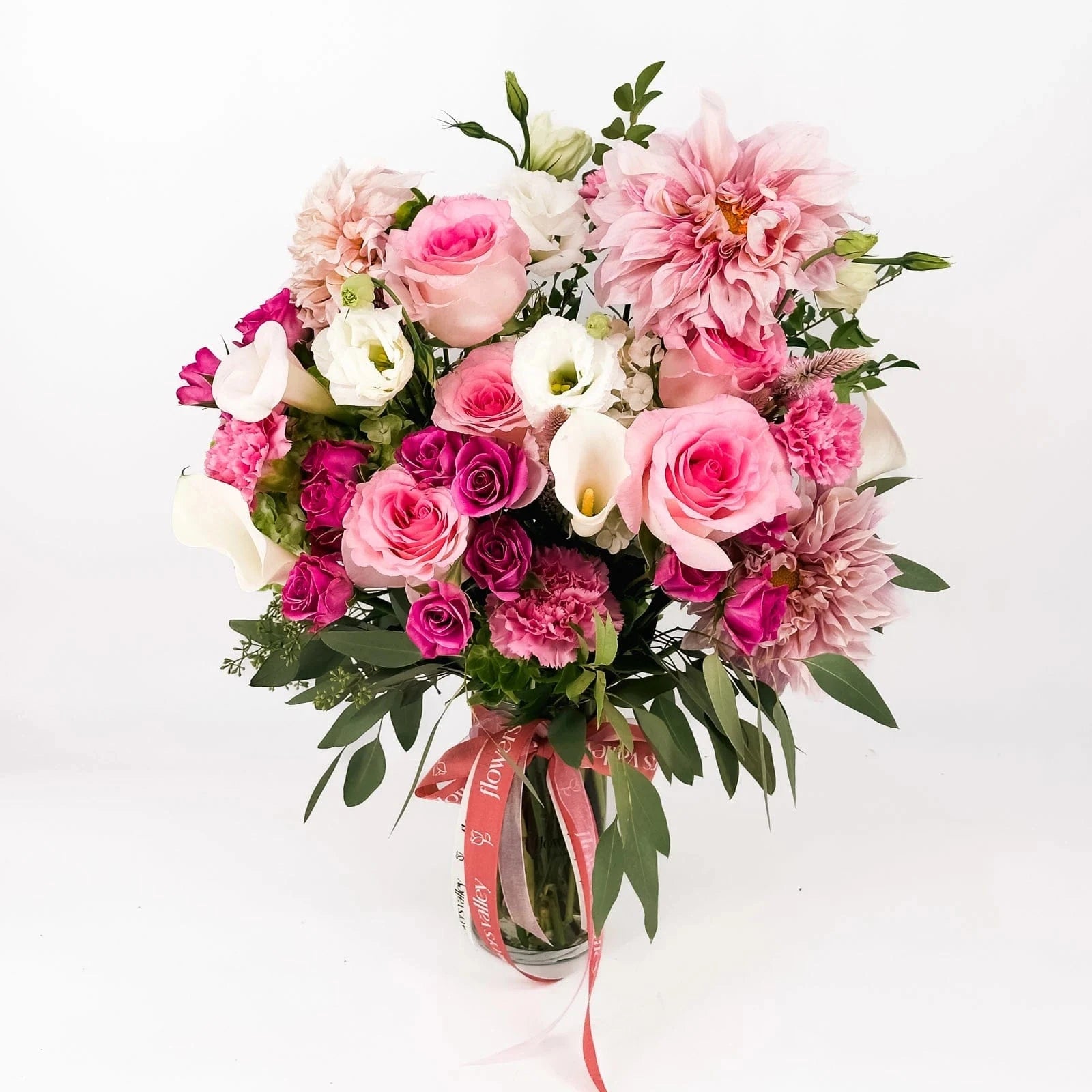 Pink Reverie Bouquet with pink roses, dahlias, carnations, and white calla lilies – Flowers Valley San Francisco delivery