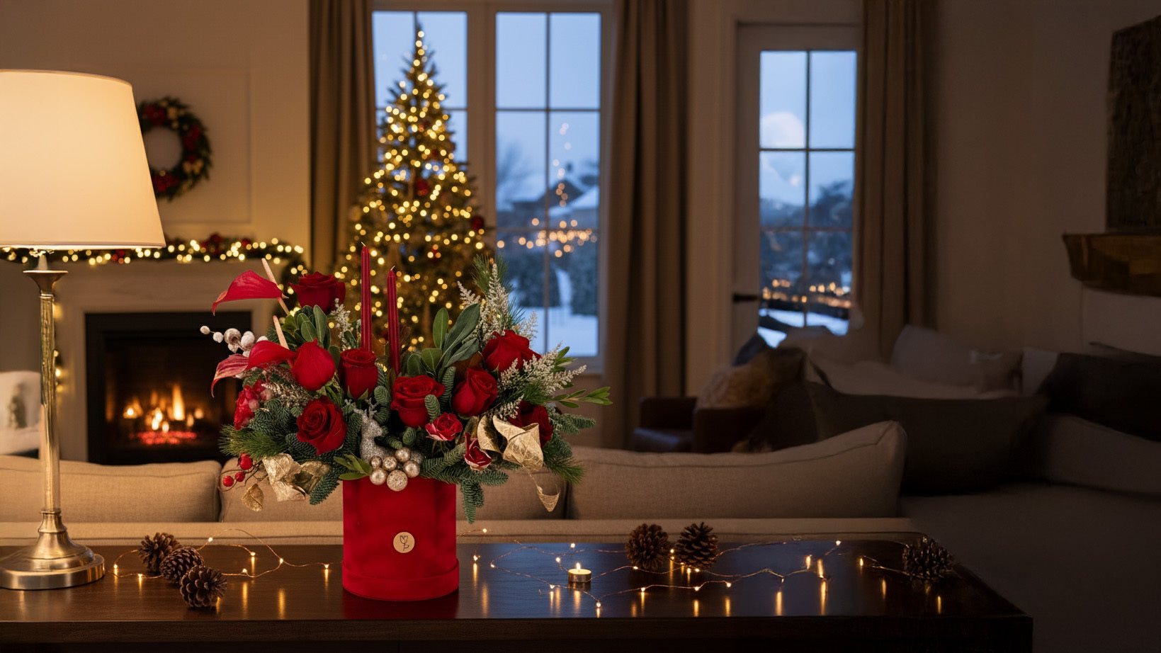 Winter birthday bouquet with narcissus, holly, and pink tulips in a rustic vase, bright, festive, and cheerful arrangement