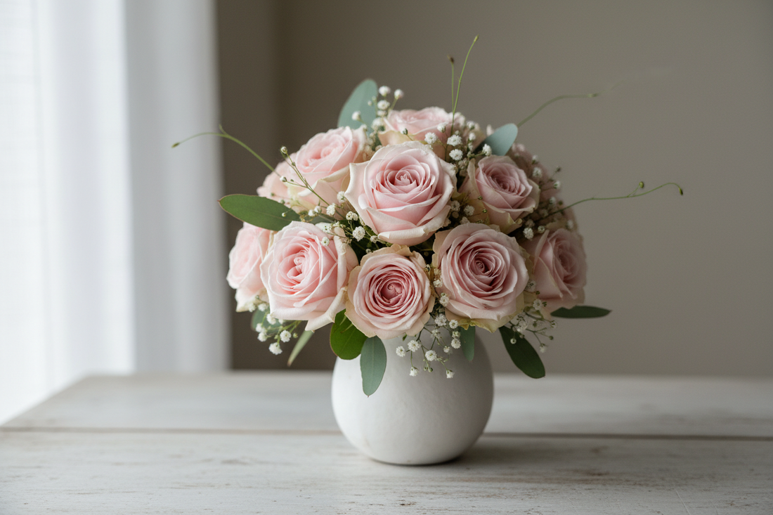 Blush pink rose bouquet with greenery, arranged as an apology flower gift