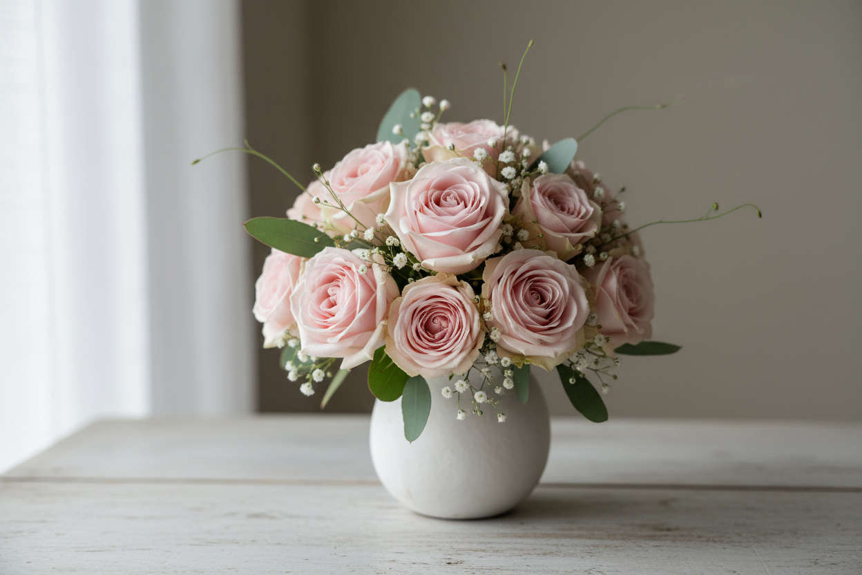 Blush pink rose bouquet with greenery, arranged as an apology flower gift