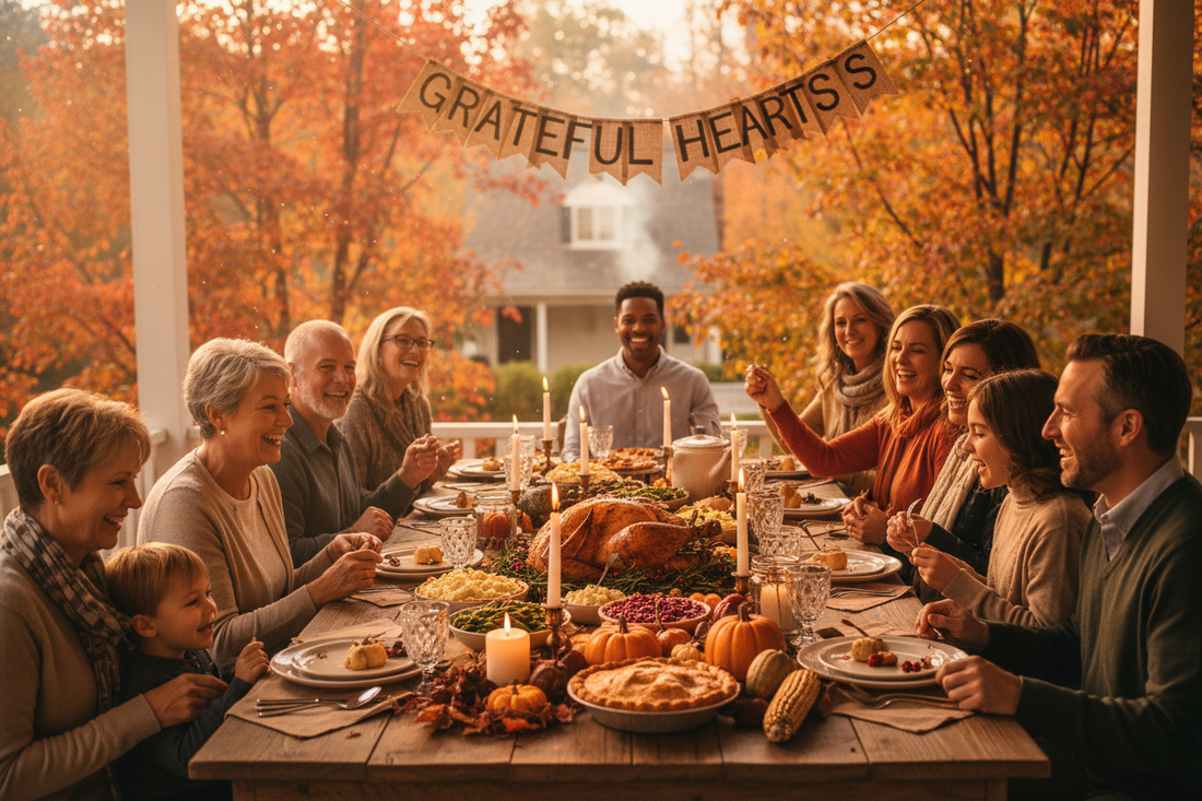 Thanksgiving scene with family, pumpkins, and autumn leaves, warm and cozy atmosphere celebrating gratitude and togetherness.