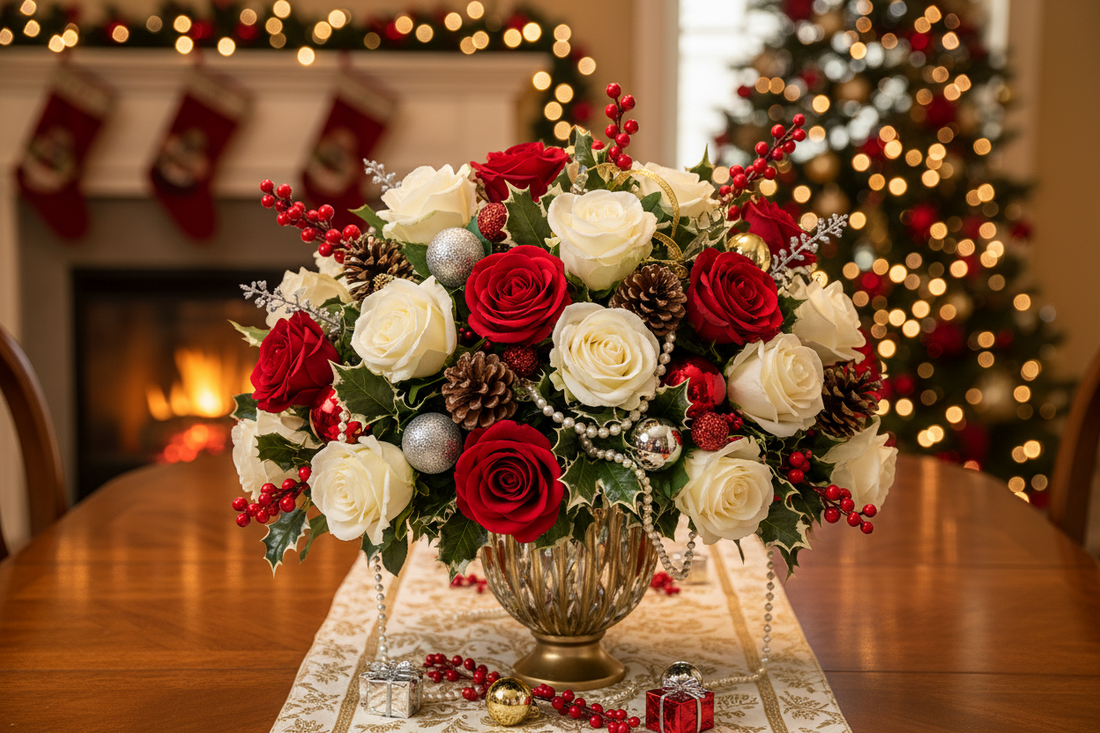 Christmas holiday flower arrangement made of the roses, pines in a room 