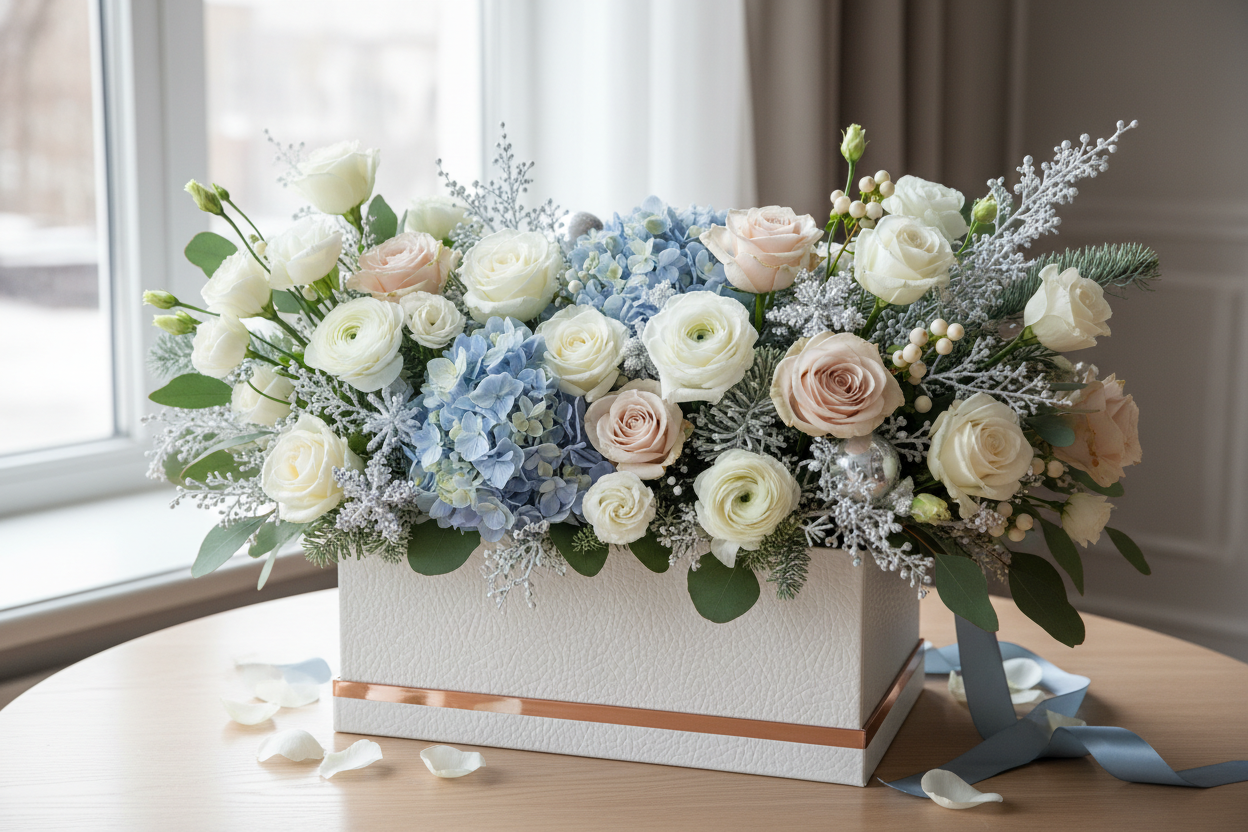 Winter 2025 bouquet with roses, hydrangeas, and seasonal flowers in soft winter tones