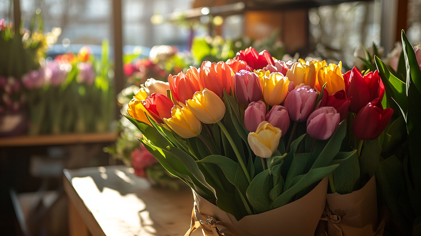 Wrapped bouquet of mixed tulips on a florist pickup table with morning sun.