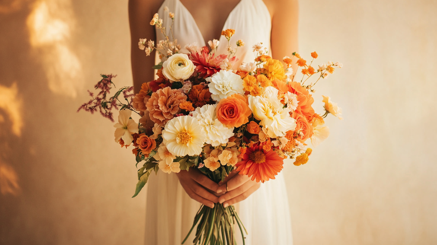 Editorial bouquet of October flowers including marigolds and dahlias in warm tones, styled against a neutral background.