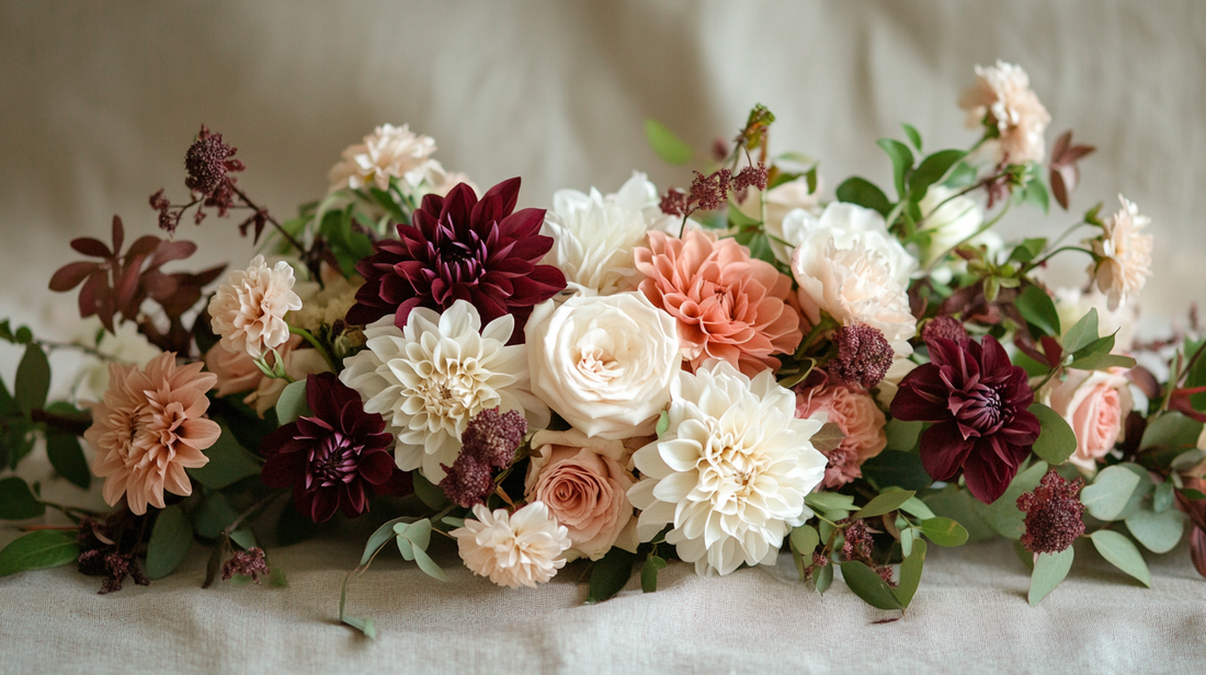 November bouquet with chrysanthemums, dahlias, and blush-toned roses on a neutral background in soft natural light.