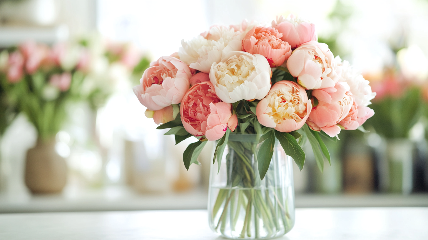 Blush and coral peonies in a vase on a white florist counter during spring season.