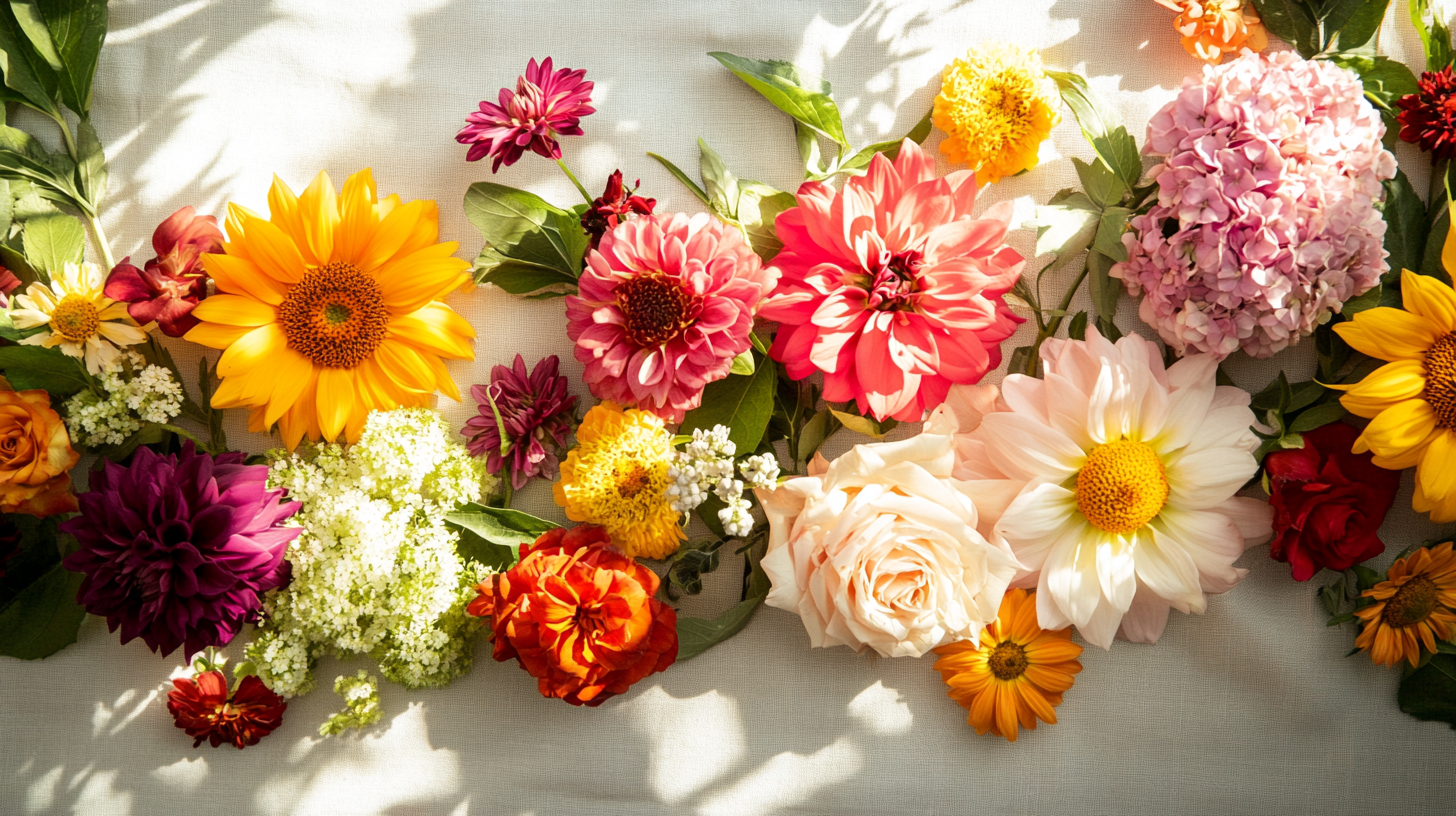 Flat lay of fresh summer flowers including sunflowers, dahlias, roses, and hydrangeas on a neutral fabric background.