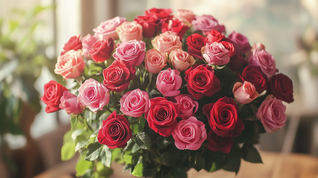 Close-up of a red and pink rose bouquet arranged in a Concord flower studio with soft natural light.