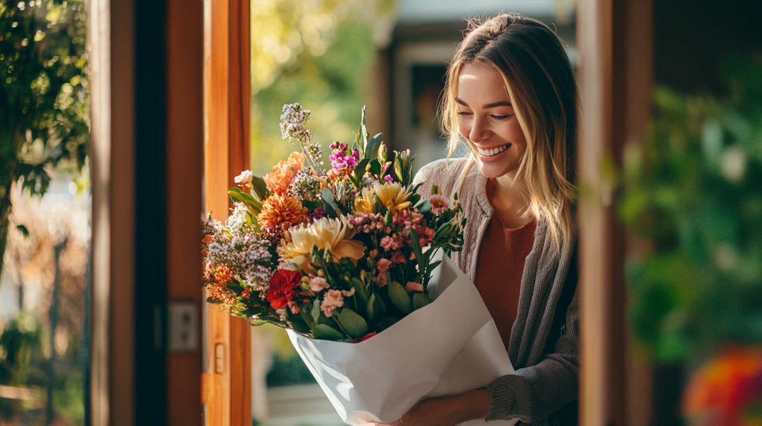 Recipient receiving colorful birthday flower bouquet at front door.