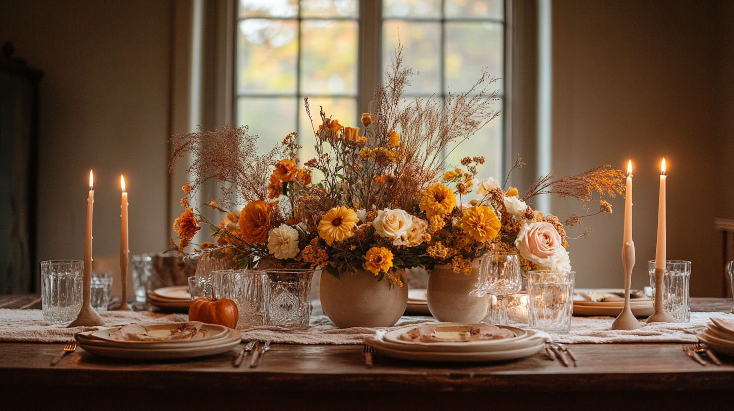 Warm autumn Thanksgiving floral table
