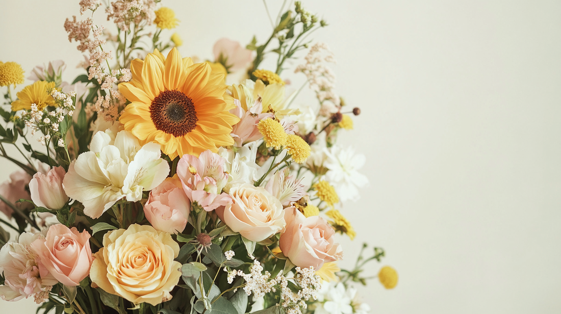 Close-up of a pastel-toned bouquet with sunflowers, alstroemeria, and roses styled against a soft neutral background in natural light.
