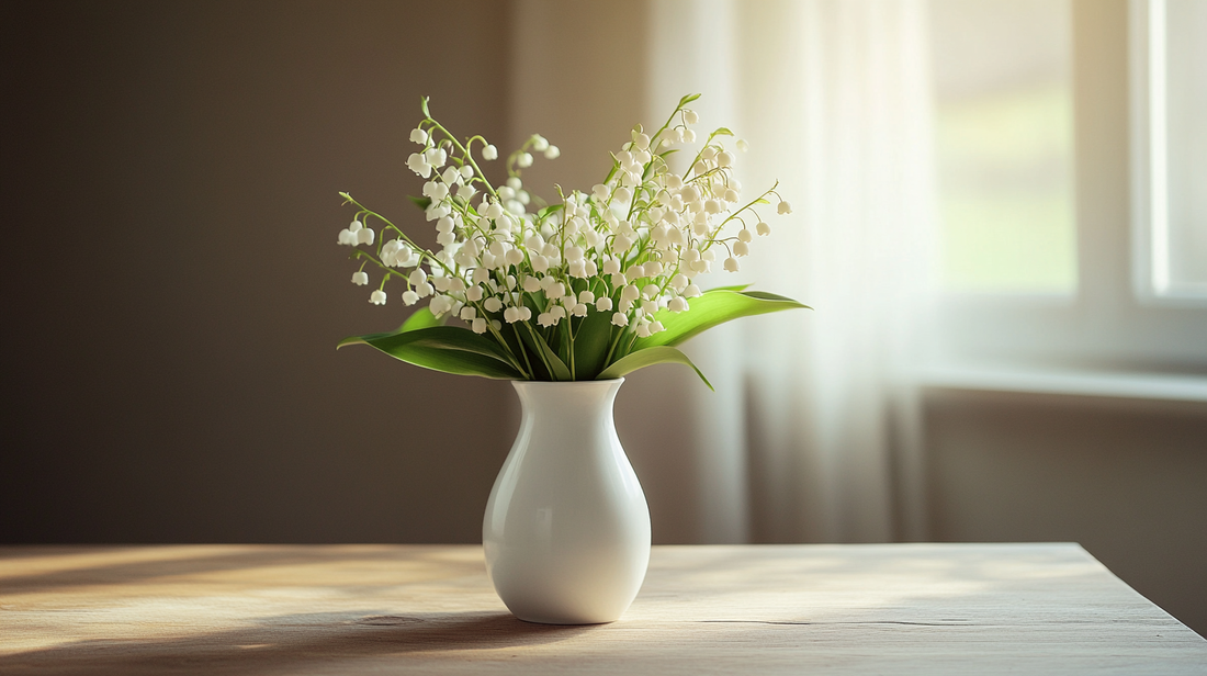 Lily of the Valley bouquet in a white vase on a wooden table with natural lighting.