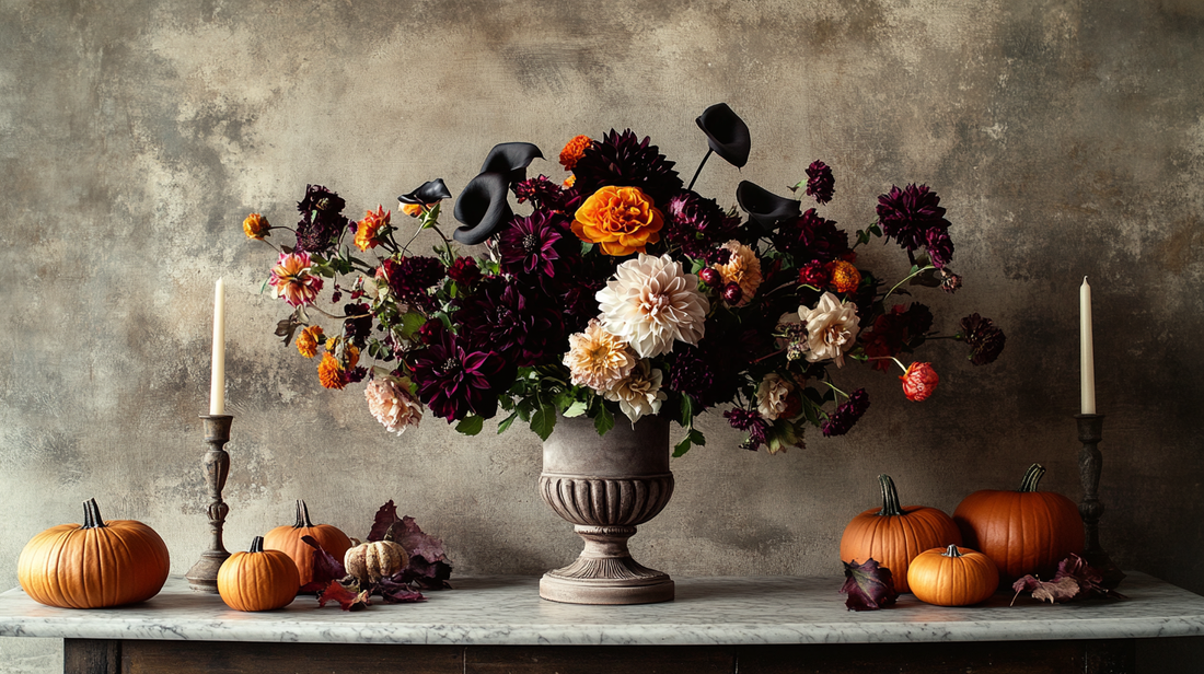 Elegant Halloween floral arrangement with burgundy and orange flowers in a modern interior with neutral walls and seasonal decor.