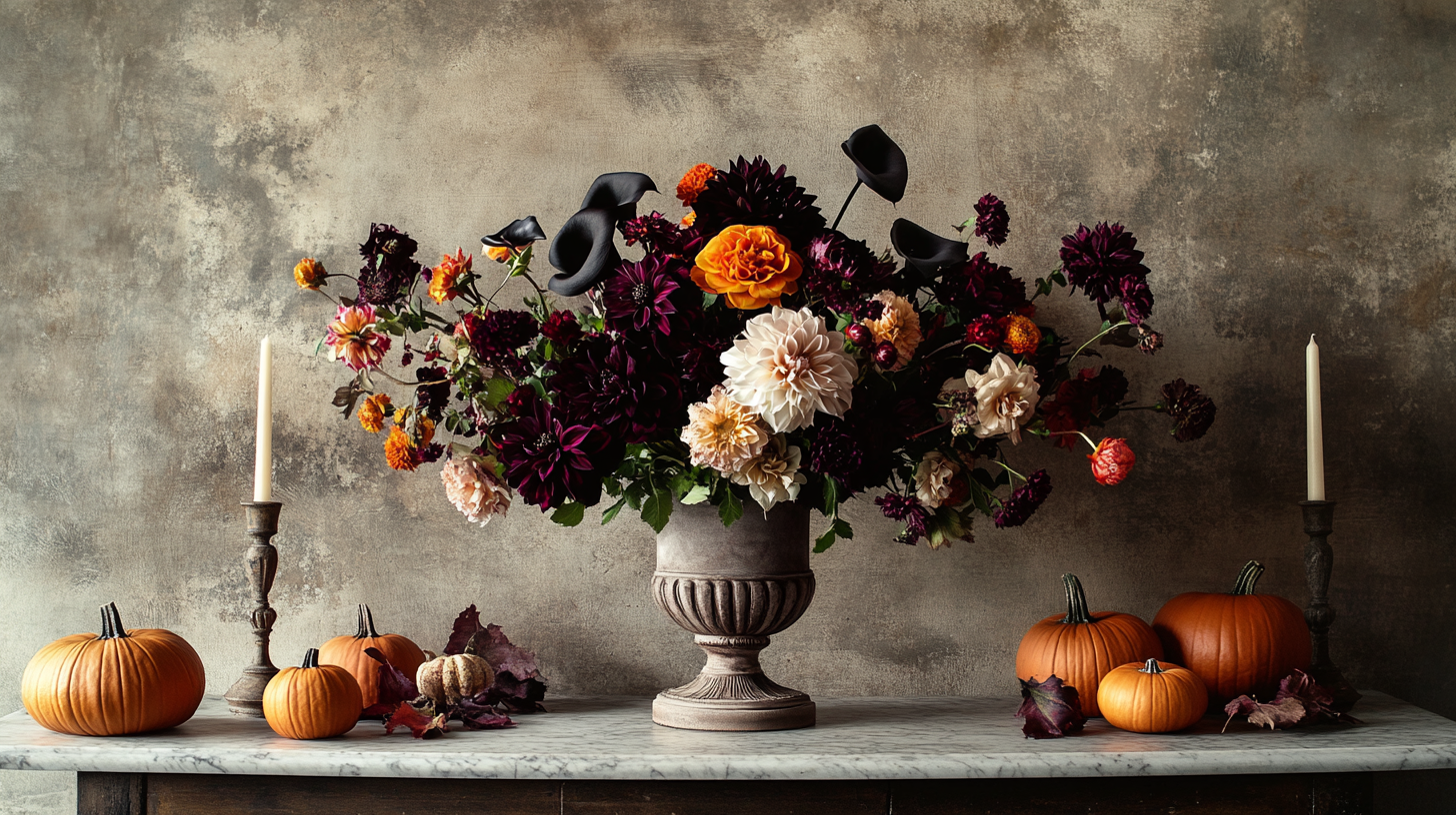 Elegant Halloween floral arrangement with burgundy and orange flowers in a modern interior with neutral walls and seasonal decor.