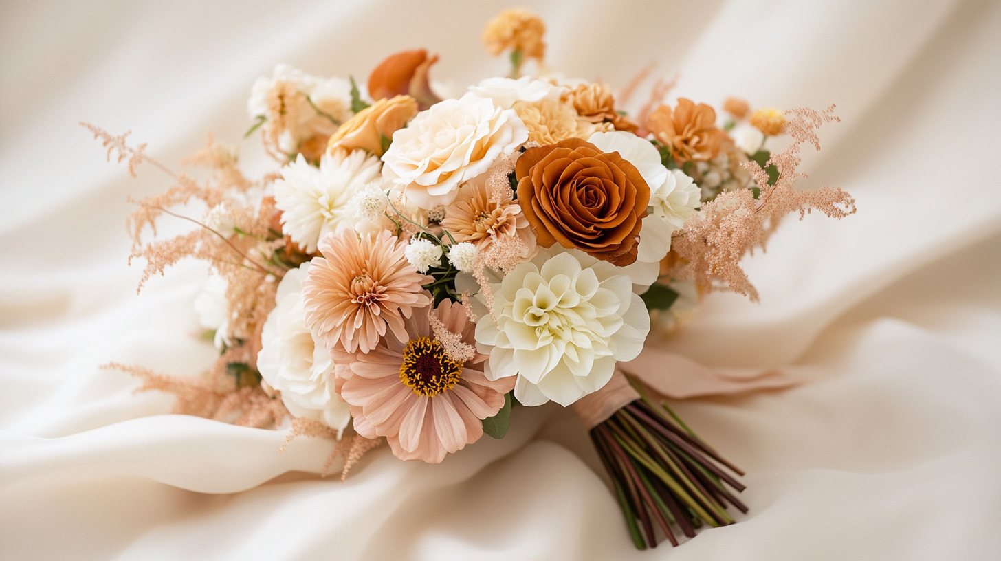 September bouquet with asters, dahlias, and peach roses on a neutral background in soft daylight.