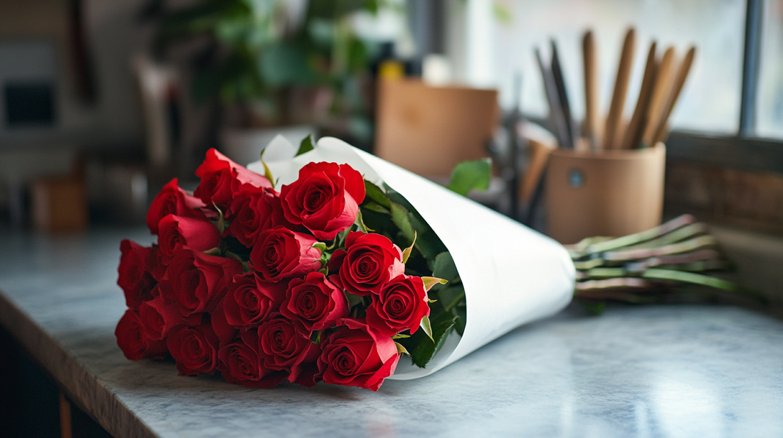 Wrapped red rose bouquet on florist workspace in natural daylight.