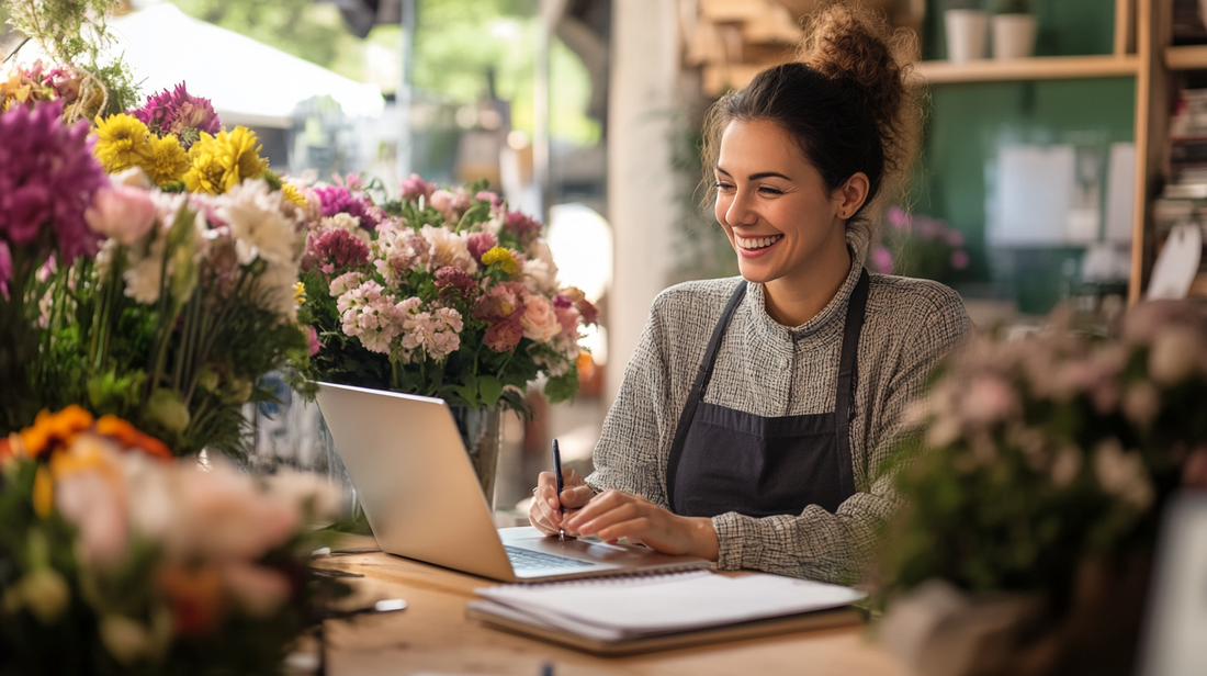 Florist discussing bouquet design with customer at flower shop table.