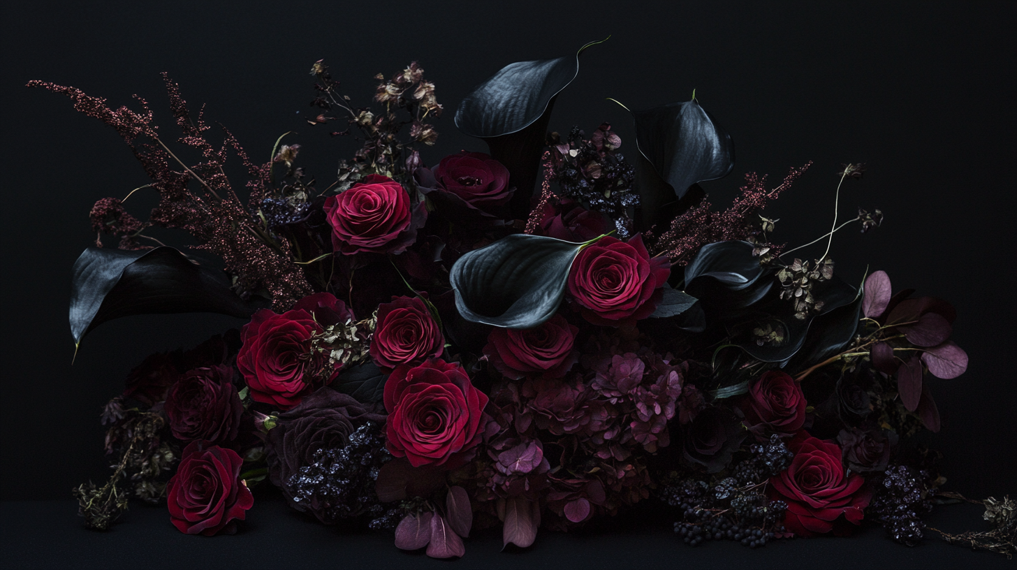 Elegant Halloween flower arrangement with dark roses and black calla lilies styled in soft light against a neutral background.