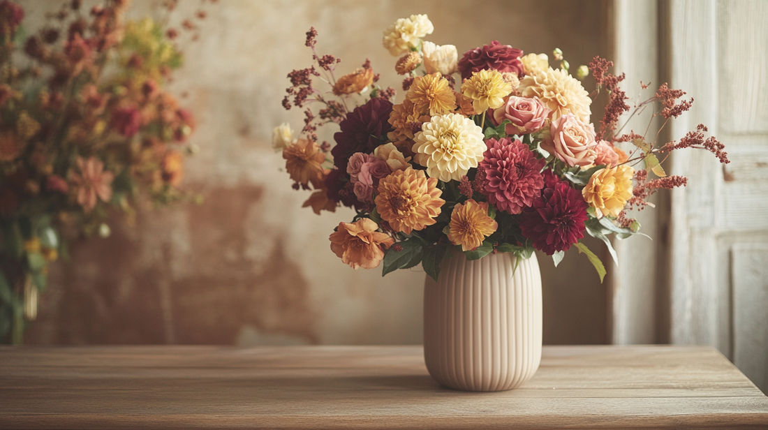 Fall designer’s choice bouquet with dahlias and mums in a ceramic vase, styled on a wood table in a modern neutral-toned interior.