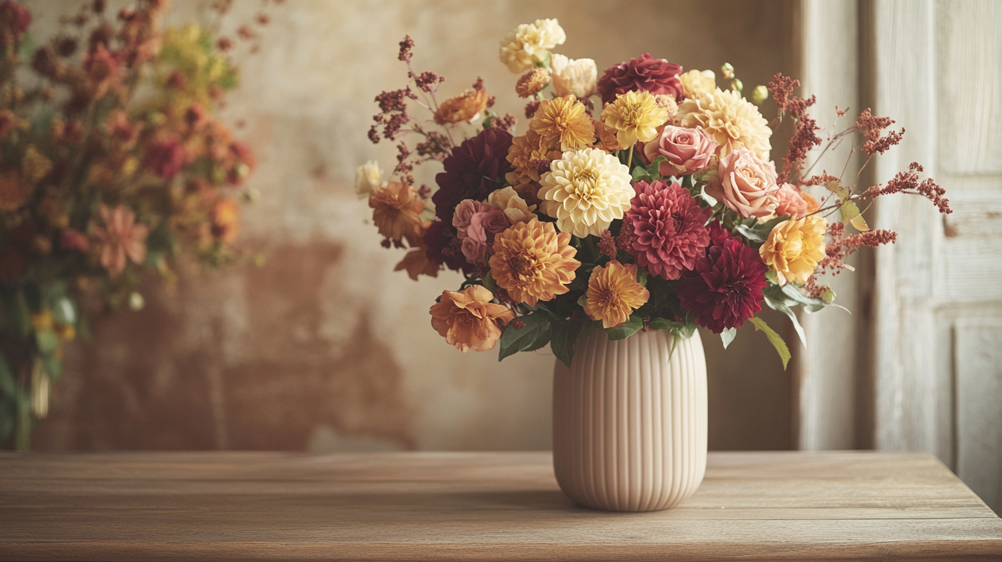 Fall designer’s choice bouquet with dahlias and mums in a ceramic vase, styled on a wood table in a modern neutral-toned interior.