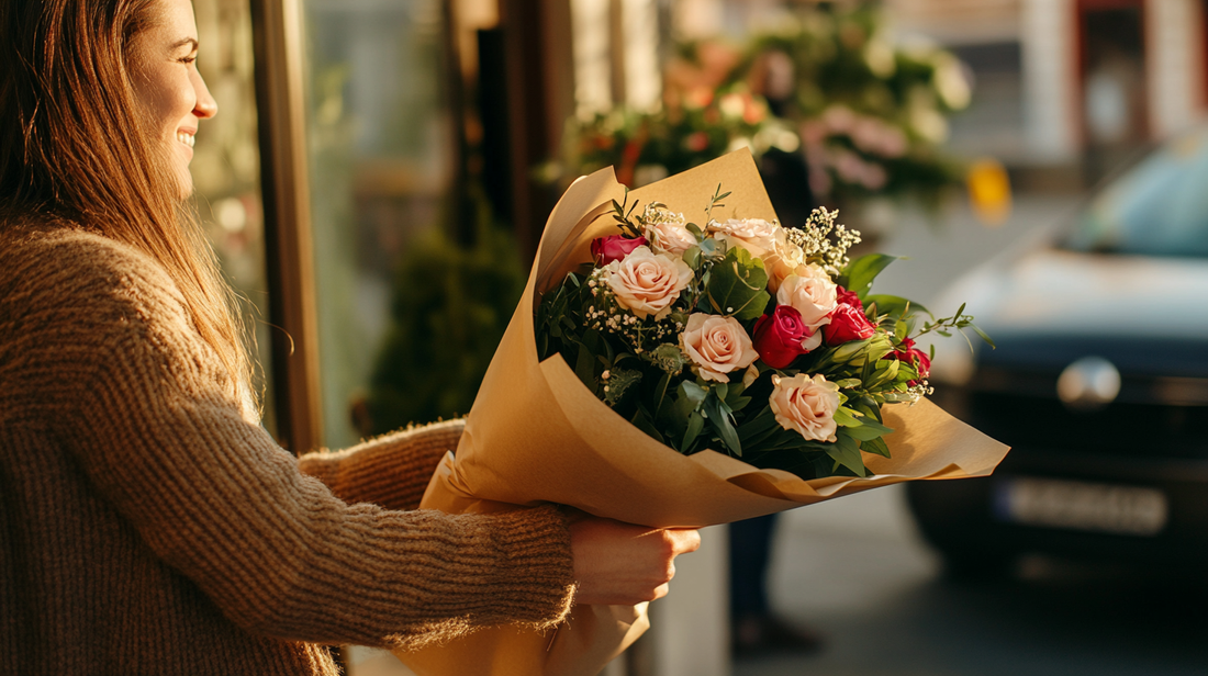 Florist handing a flower bouquet to a delivery driver outside a flower shop
