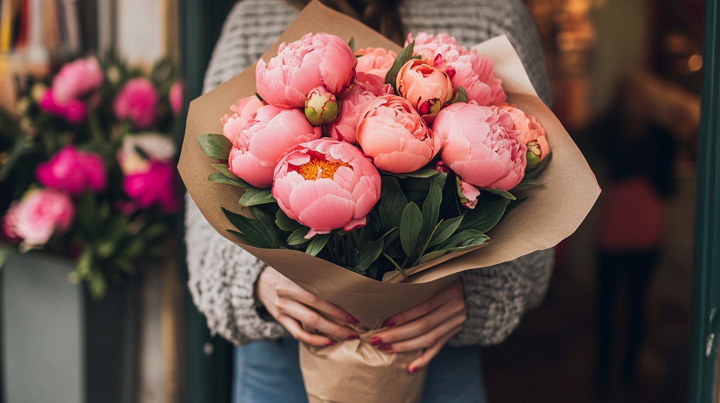 Florist holding wrapped peonies bouquet outside local flower shop.