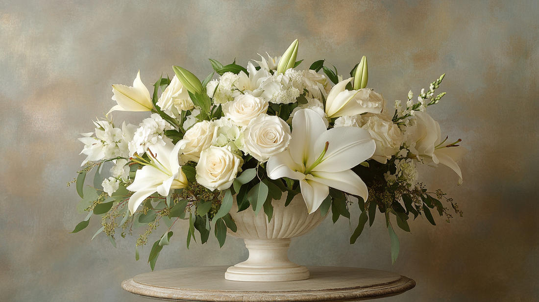 White sympathy flower arrangement with roses and lilies on display in a quiet setting.