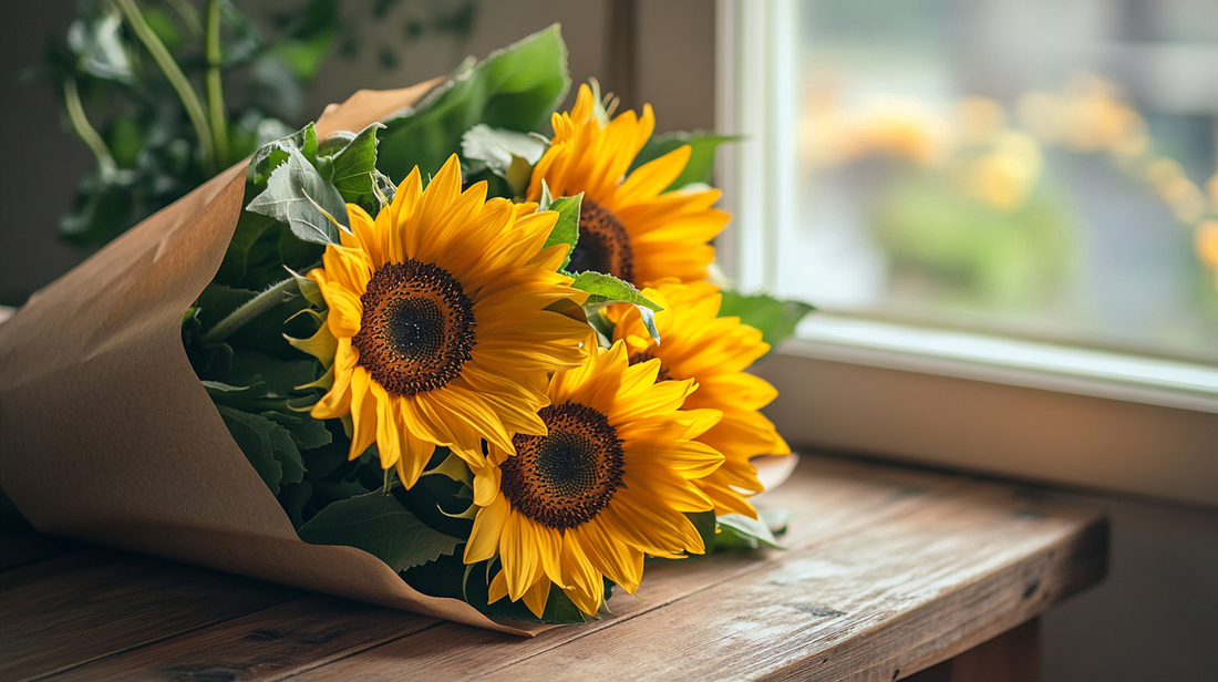Bright sunflower bouquet on table by sunny florist window.