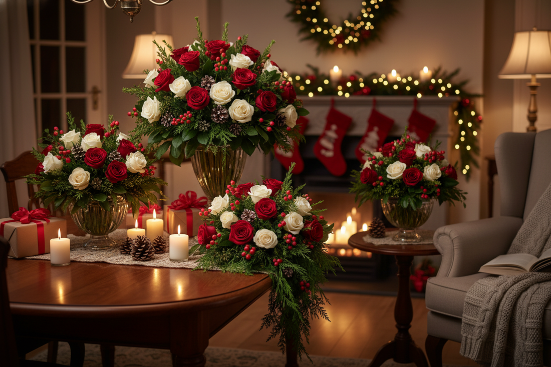 Last-minute holiday bouquet with red and white roses, greenery, and festive accents for Bay Area delivery