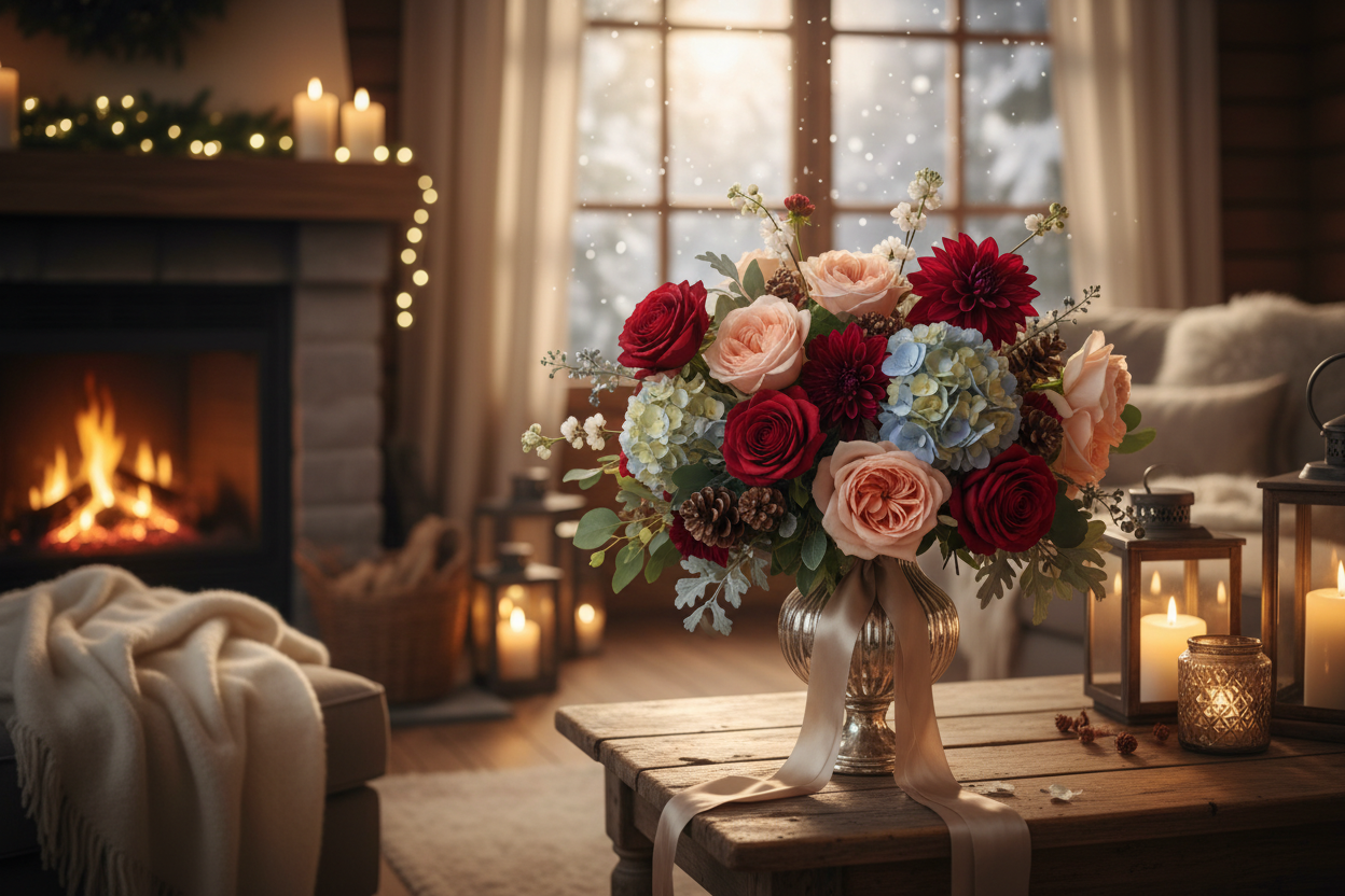  Romantic winter bouquet with roses, hydrangeas, and dahlias for an anniversary gift