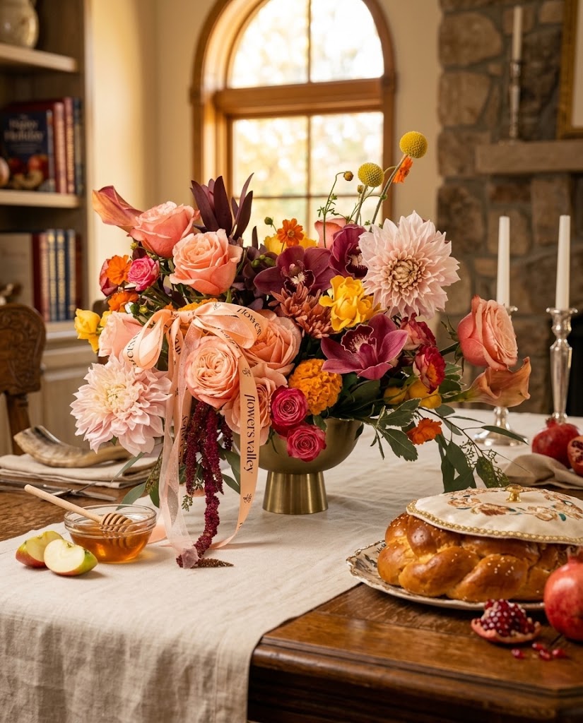 Rosh Hashanah flower arrangement in white, green and golden tones by Flowers Valley