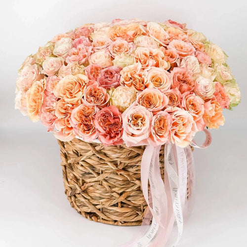 Luxury basket of 100 peach garden roses with blush and cream accents – next day delivery Bay Area