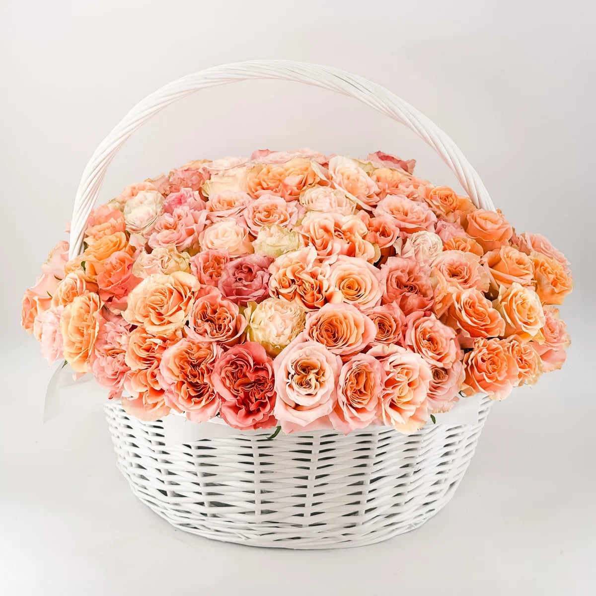 Luxury basket of 100 peach garden roses with blush and cream accents – next day delivery Bay Area