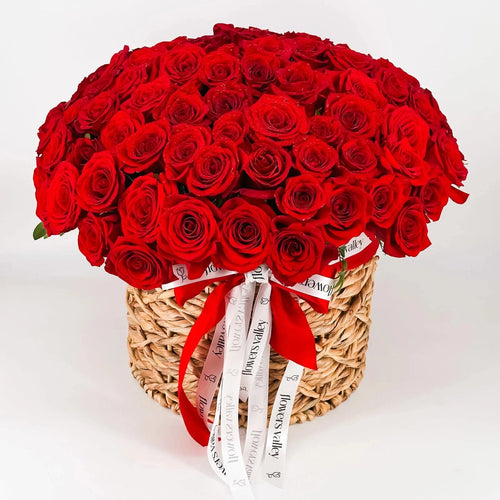 Luxury basket of 100 premium red roses – next day flower delivery in San Francisco Bay Area
