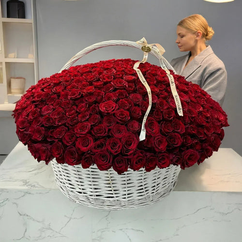 Oversized 300 red roses basket shown with florist for scale and size reference