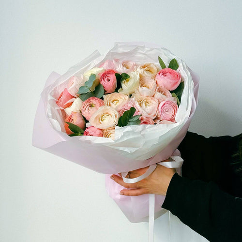 Bouquet of 24 blush and white ranunculuses wrapped in light pink paper, held in hand against a white background.