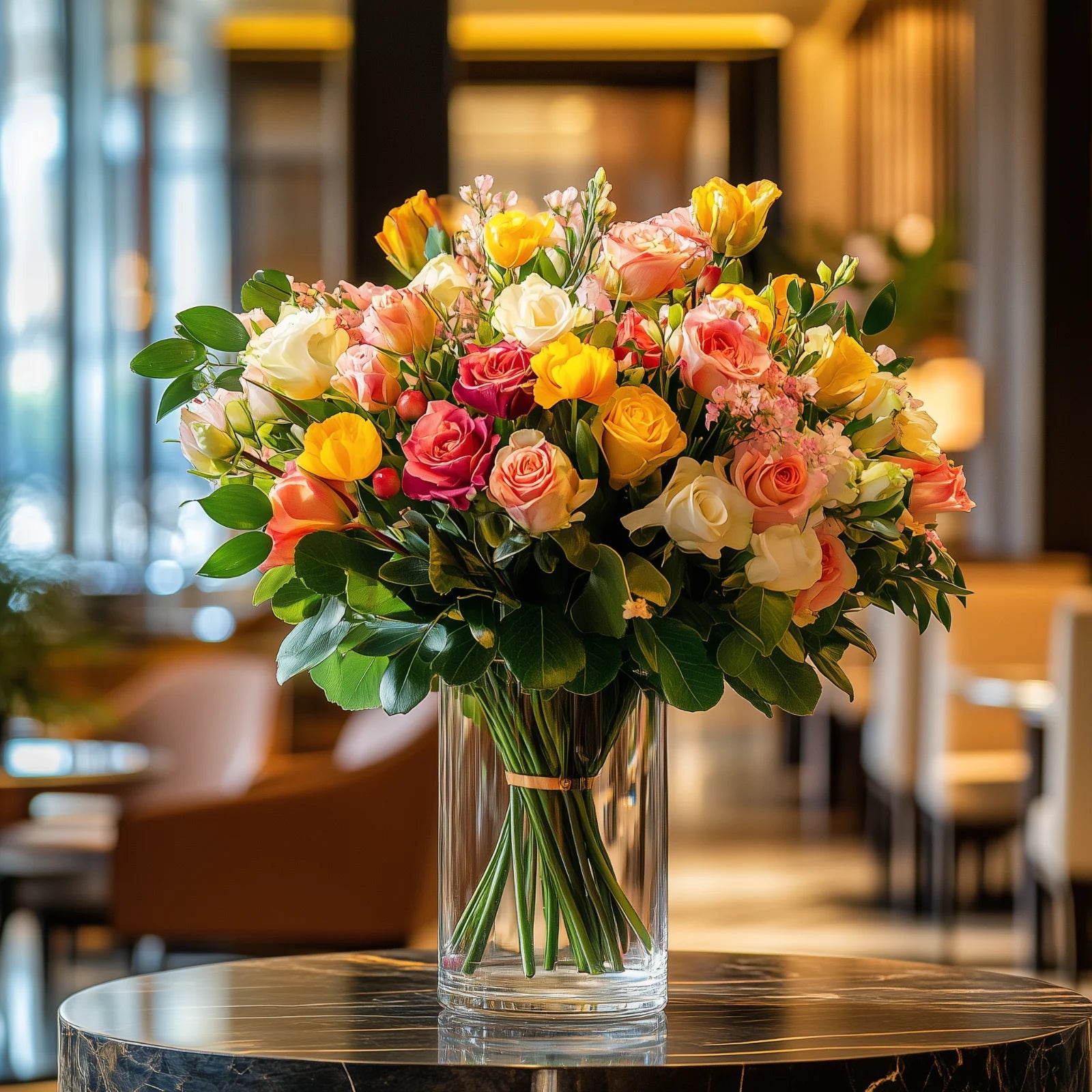 Vibrant host stand bar floral arrangement with pink and white roses, alstroemeria, and seasonal blooms in a clear glass vase – Flowers Valley