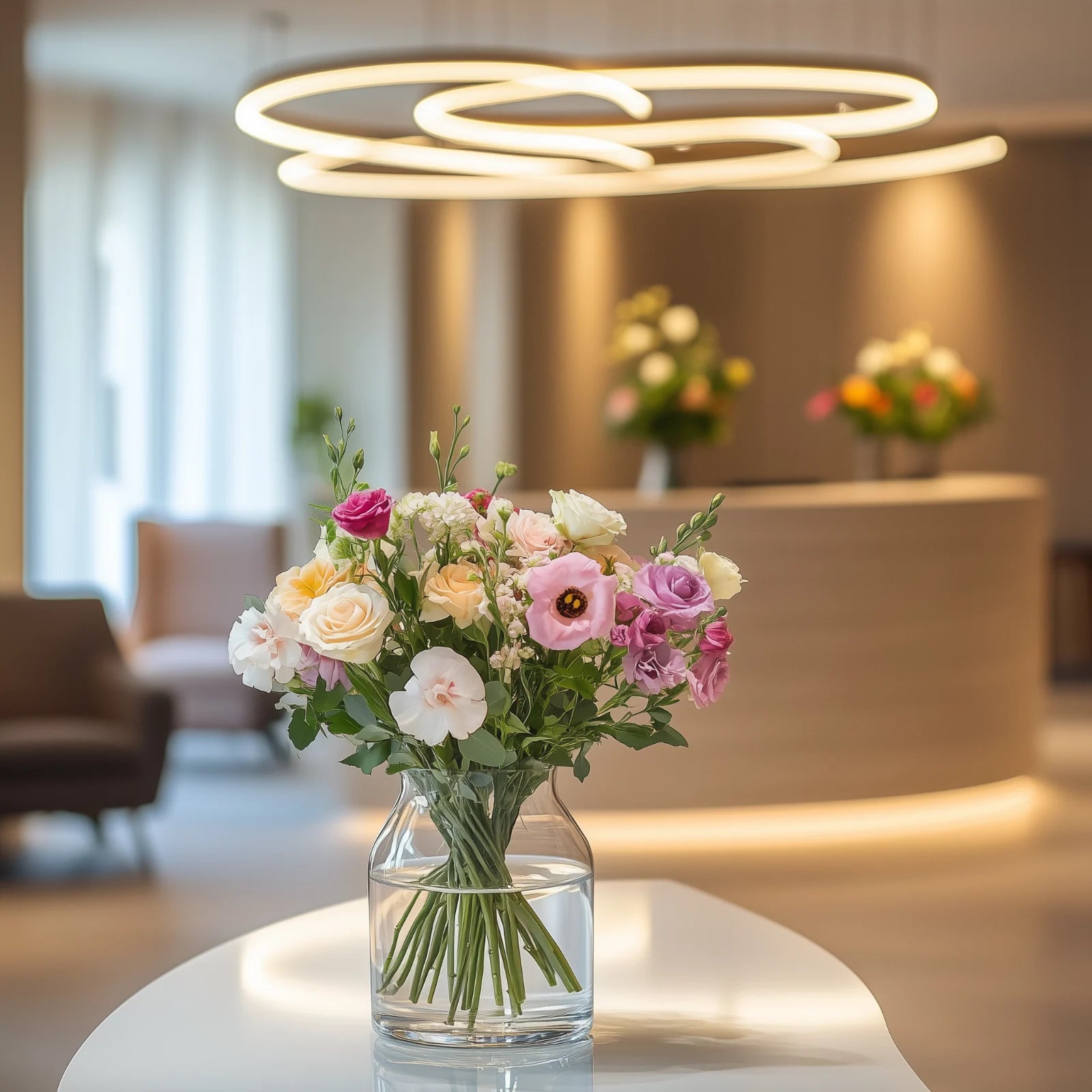 Charming check-in flower arrangement with pastel roses, lisianthus, and seasonal blooms in a clear glass vase – Flowers Valley