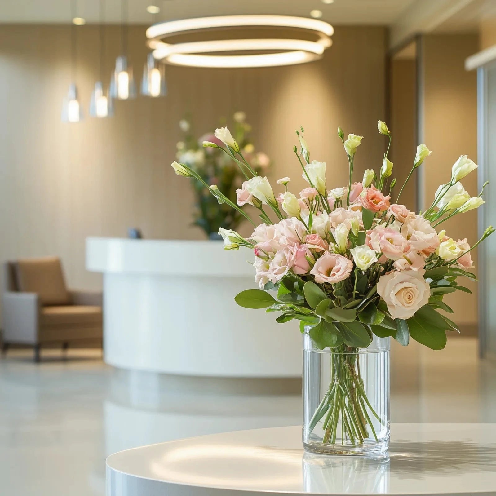 Charming check-in flower arrangement with pastel roses, lisianthus, and seasonal blooms in a clear glass vase – Flowers Valley