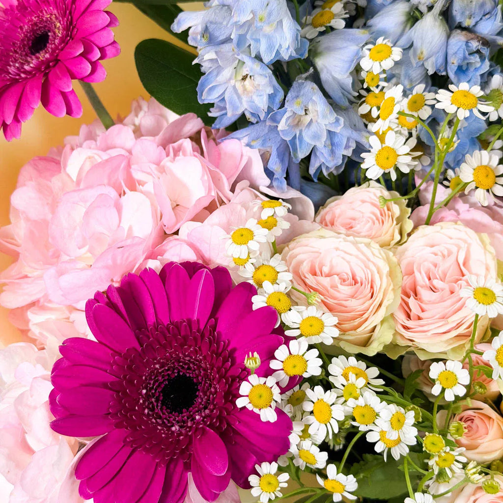 Bouquet of colorful flowers including pink, purple, and white flowers.