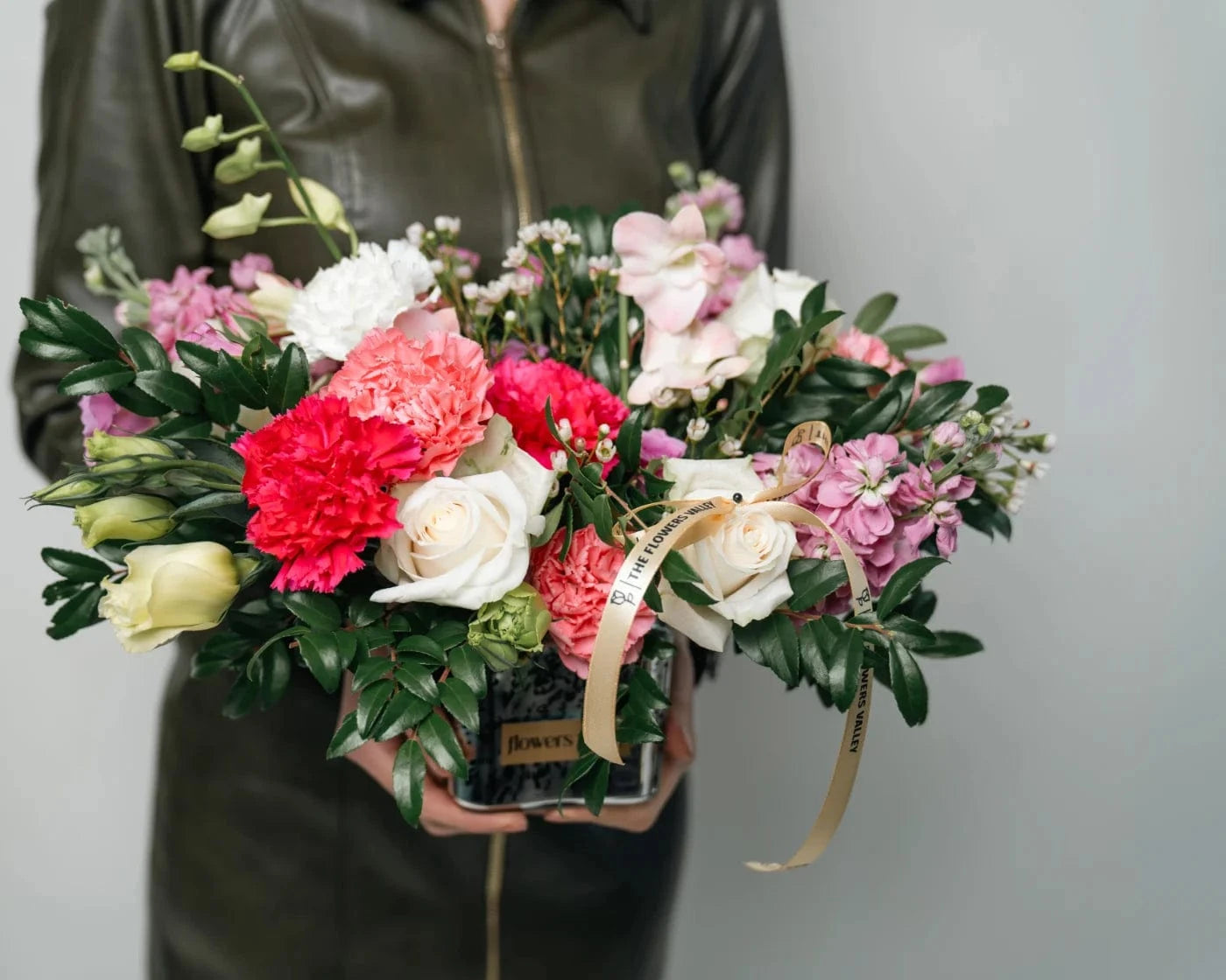 Charming bouquet with pink, white, and purple flowers in a decorative box – Flowers Valley St. Helena flower delivery