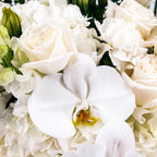 Close up view of the Graceful Eternity White sympathy flower arrangement featuring roses and orchid