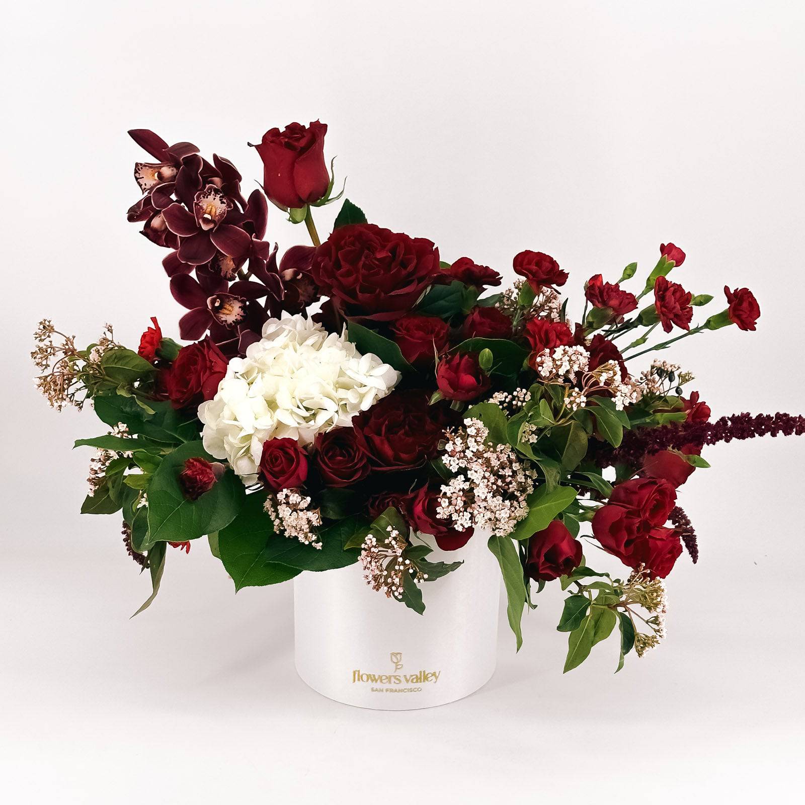 Velvet Noir – Dark Red Orchid & Rose Hatbox Arrangement – Flowers