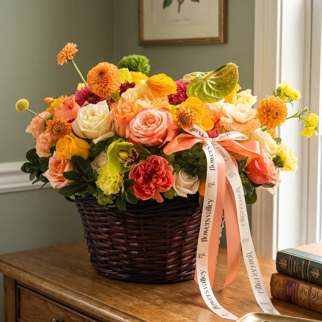 Apricot Orchard autumn flower basket arrangement in orange, peach, and yellow on a wooden console at home, by Flowers Valley