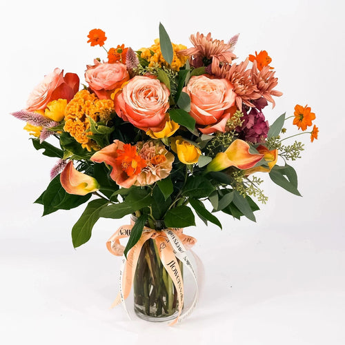 Autumn Radiance Bouquet with roses, calla lilies, celosia, and fall flowers in vase – San Francisco Bay Area delivery